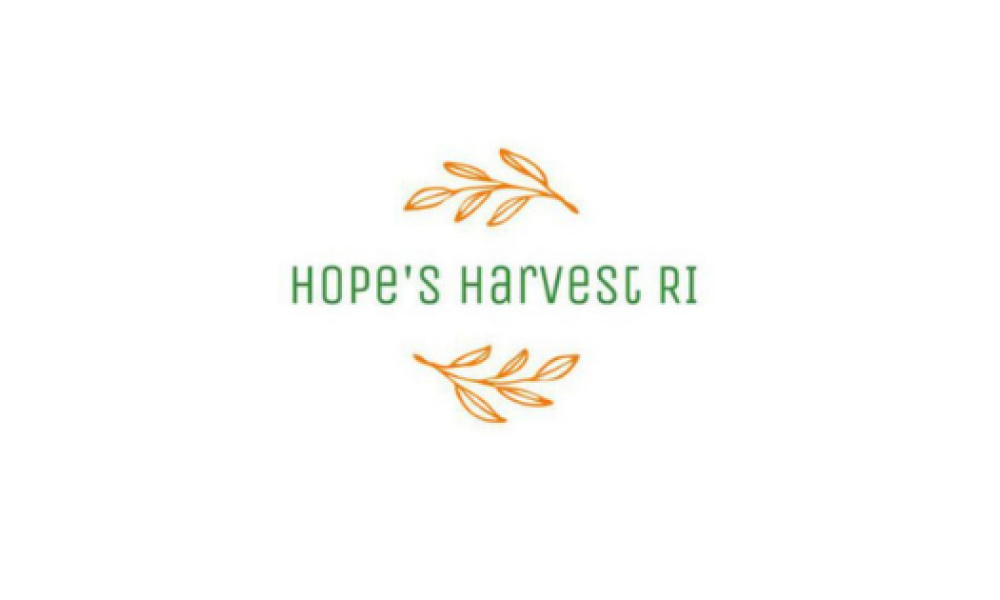 The words Hope's Harvest RI in green are surrounded by illustrated gold leaves