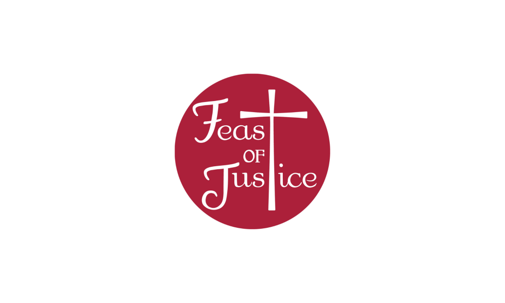 Organization logo features a red circle with the words Feast of Justice in the center