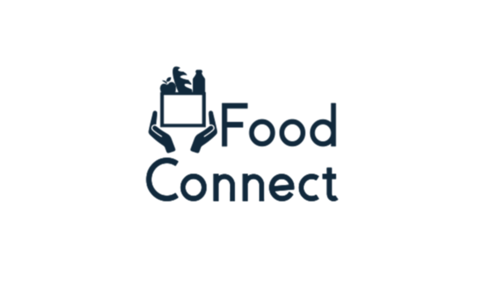 The words Food Connect in black on a white background. A pair of hands holding a box of food is on the upper left.
