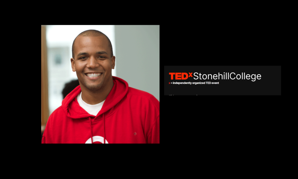 Photo of Marquis Taylor in red sweatshirt alongside the TED X LOGO