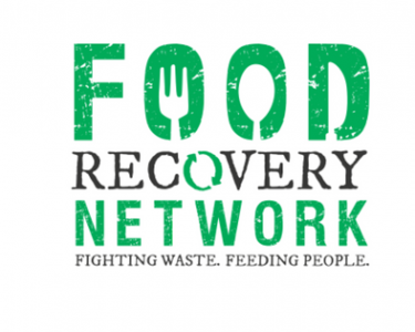 The words Food Recovery Network with a spoon, fork, and knive stylized in the word Food