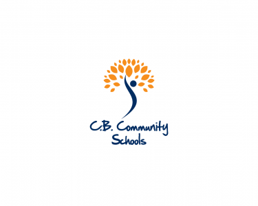 C.B. Community Schools logo which pictures an abstract blue figure and an orange burst design